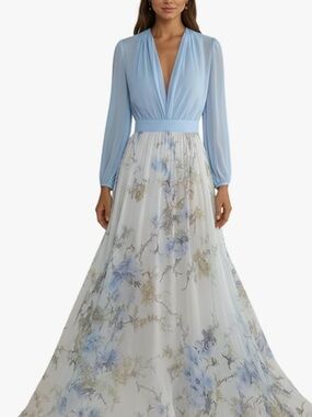 Elegant Light Blue Floral V-Neck tea length Dress